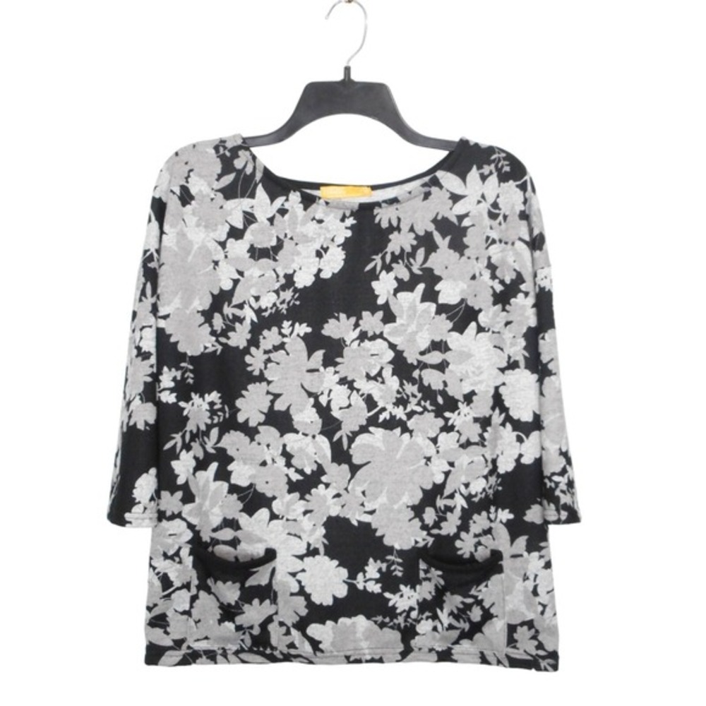 Contro‎ Womens Womens Top One Size M L Black Gray 3/4 Sleeve Floral w Pockets